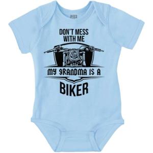 Brisco Brands Don’t Mess With Me Grandma is a Biker Baby Romper Boys or Girls(Light Blue)