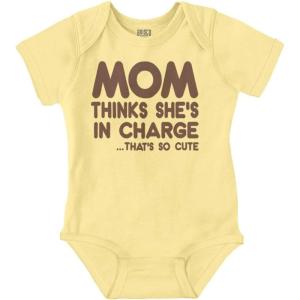 Brisco Brands Mom Thinks She’s in Charge Funny Baby Romper Boys or Girls(Banana)