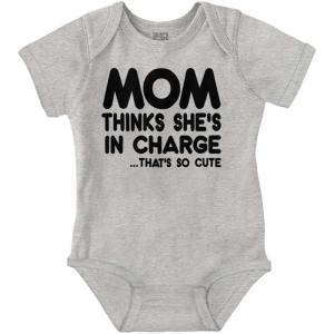 Brisco Brands Mom Thinks She’s in Charge Funny Baby Romper Boys or Girls(Heather)