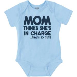 Brisco Brands Mom Thinks She’s in Charge Funny Baby Romper Boys or Girls(Light Blue)
