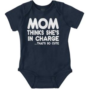 Brisco Brands Mom Thinks She’s in Charge Funny Baby Romper Boys or Girls(Navy)
