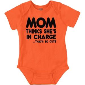 Brisco Brands Mom Thinks She’s in Charge Funny Baby Romper Boys or Girls(Orange)