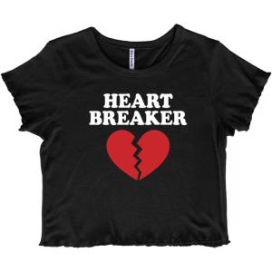 Heartbreaker Valentines Day Break Up Juniors Lettuce Trim Crop Top Womens Baby Tee(Black)