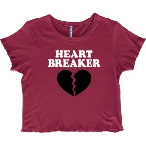 Heartbreaker Valentines Day Break Up Juniors Lettuce Trim Crop Top Womens Baby Tee(Burgundy)