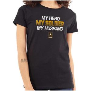 US Army Logo My Husband Hero Soldier Womens Slim Fit Graphic Tee(Black)