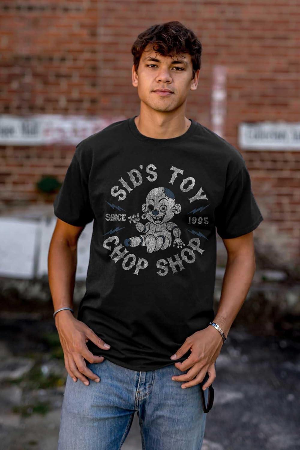imageSids Toy Chop Shop Graphic T Shirt Creepy Doll Horror Inspired Scary Tee for Men and WomenBlack