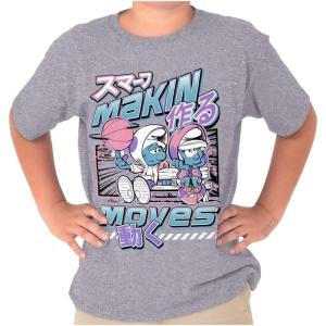 The Smurfs Cool Kanji Makin Moves Crewneck T Shirts Boy Girl(Sport Grey)