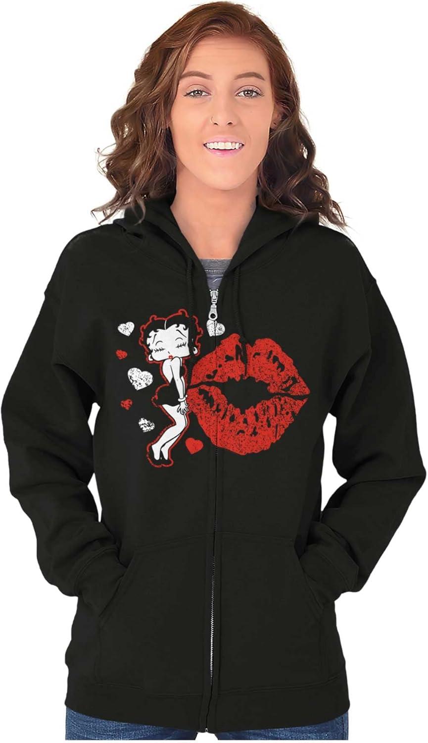 imageBrisco Brands Betty Boop Blowing Kisses Lips Hearts Zip Hoodie Sweatshirt Women