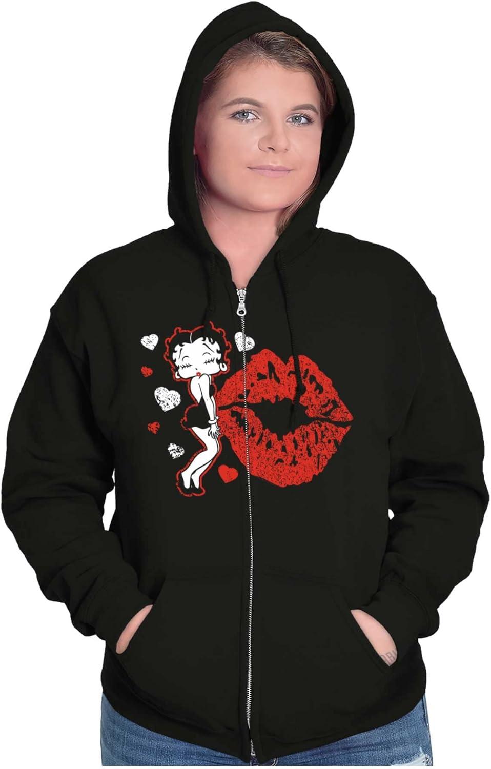 imageBrisco Brands Betty Boop Blowing Kisses Lips Hearts Zip Hoodie Sweatshirt Women