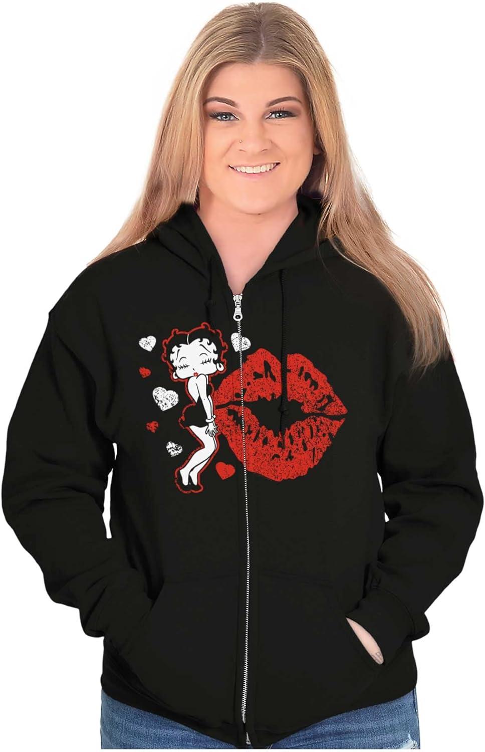 imageBrisco Brands Betty Boop Blowing Kisses Lips Hearts Zip Hoodie Sweatshirt Women
