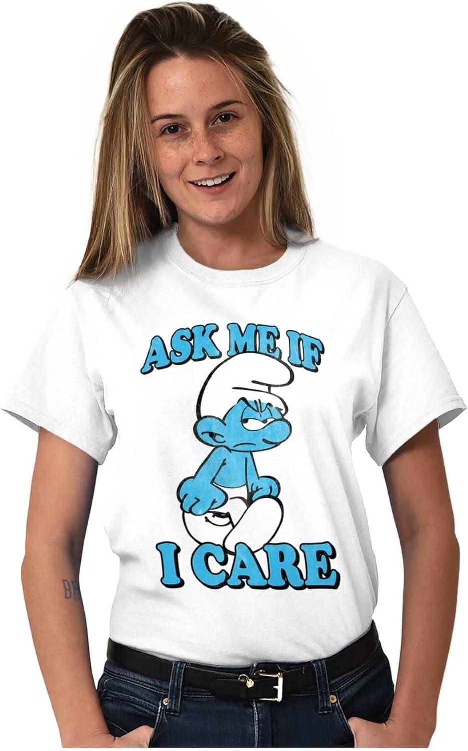 imageBrisco Brands Grouchy Smurf Ask Me If I Care Grump Graphic T Shirt Men or WomenWhite