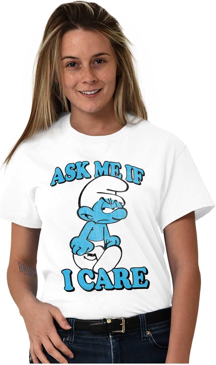 imageBrisco Brands Grouchy Smurf Ask Me If I Care Grump Graphic T Shirt Men or WomenWhite