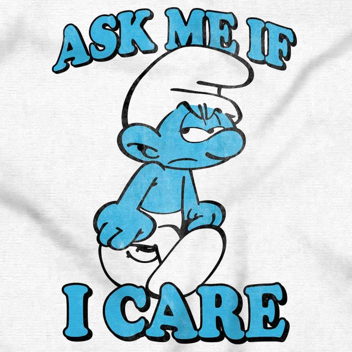 imageBrisco Brands Grouchy Smurf Ask Me If I Care Grump Graphic T Shirt Men or WomenWhite