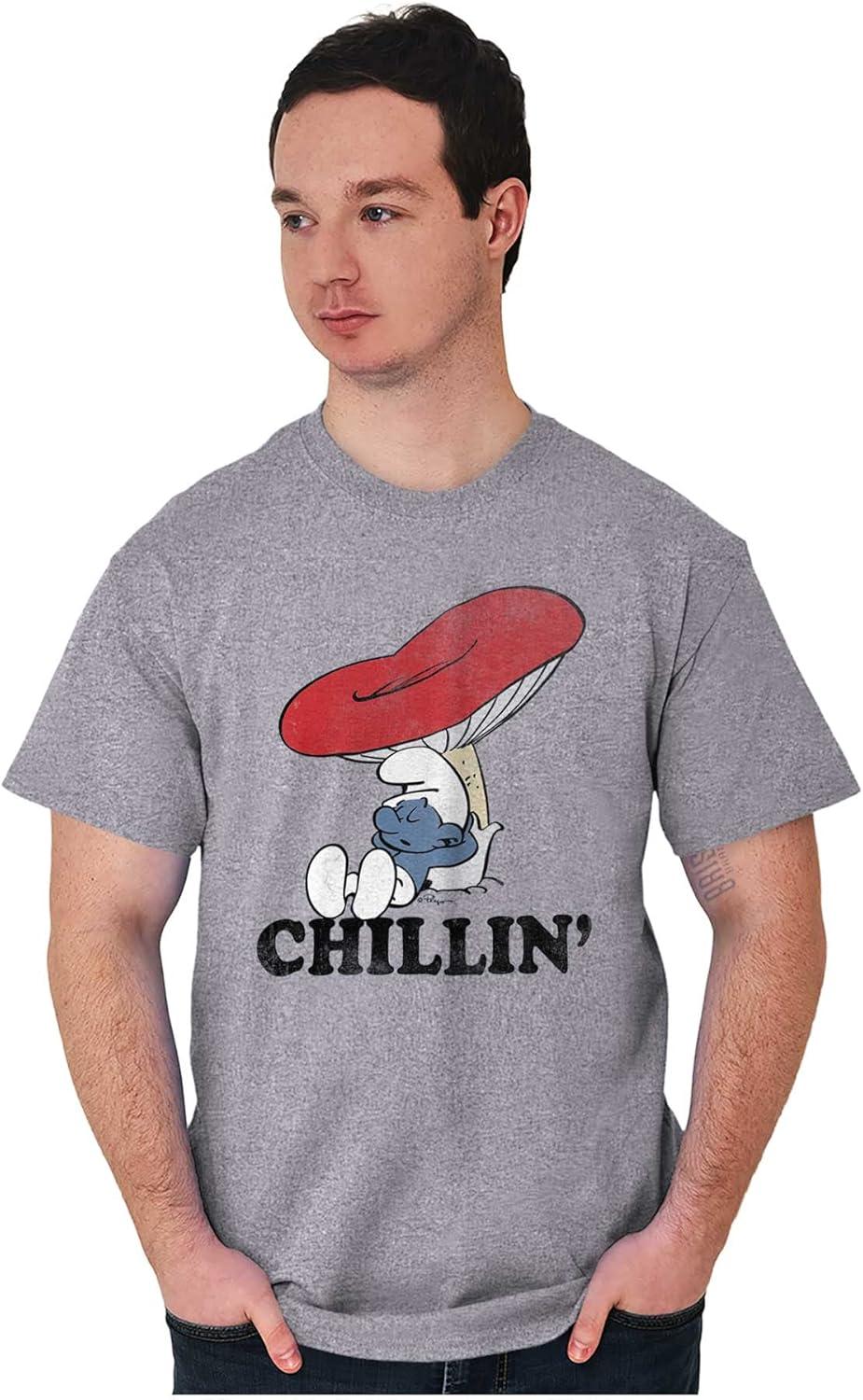imageBrisco Brands Smurf Mushroom Chillin Retro Cartoon Graphic T Shirt Men or WomenSport Grey