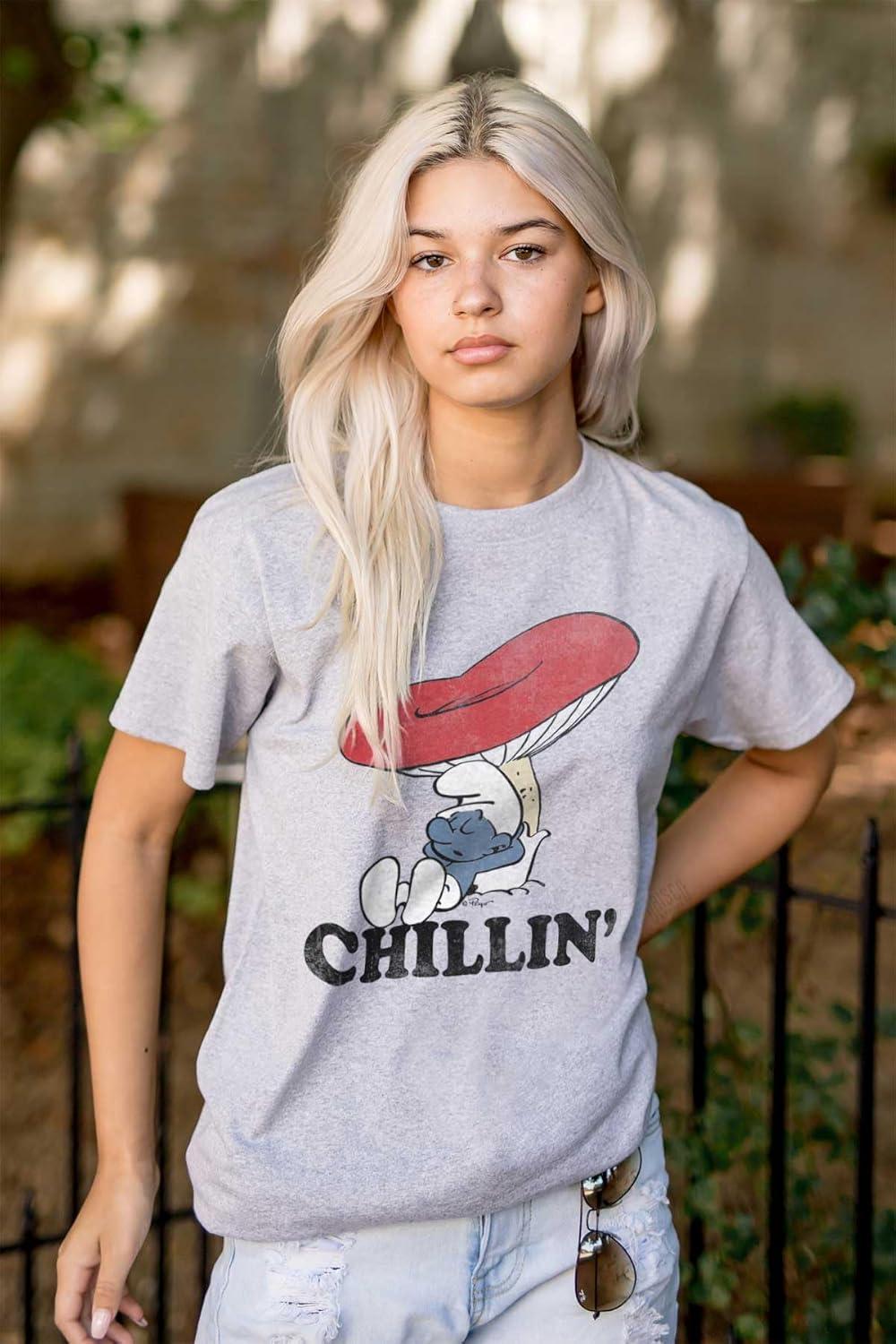 imageBrisco Brands Smurf Mushroom Chillin Retro Cartoon Graphic T Shirt Men or WomenSport Grey