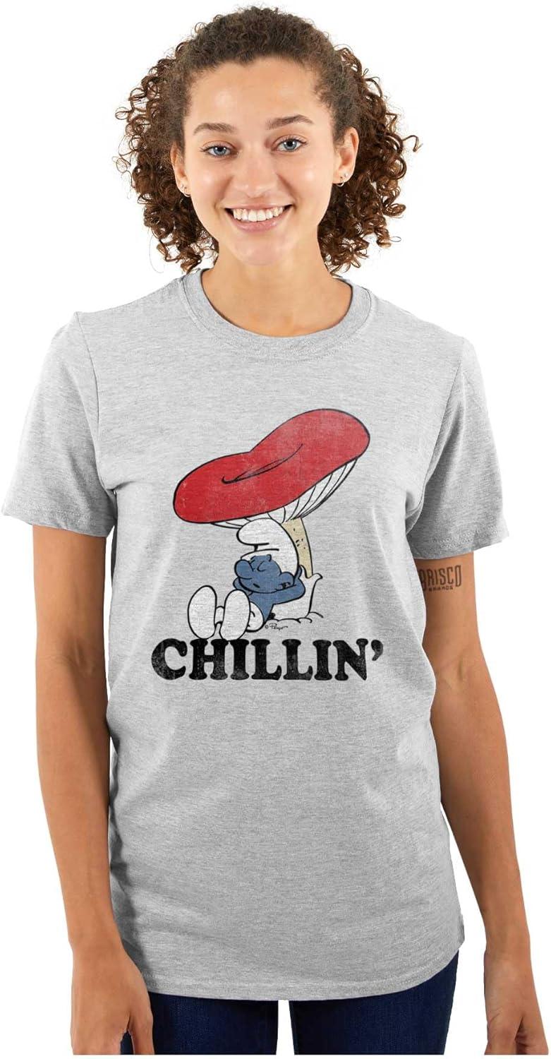 imageBrisco Brands Smurf Mushroom Chillin Retro Cartoon Graphic T Shirt Men or WomenSport Grey
