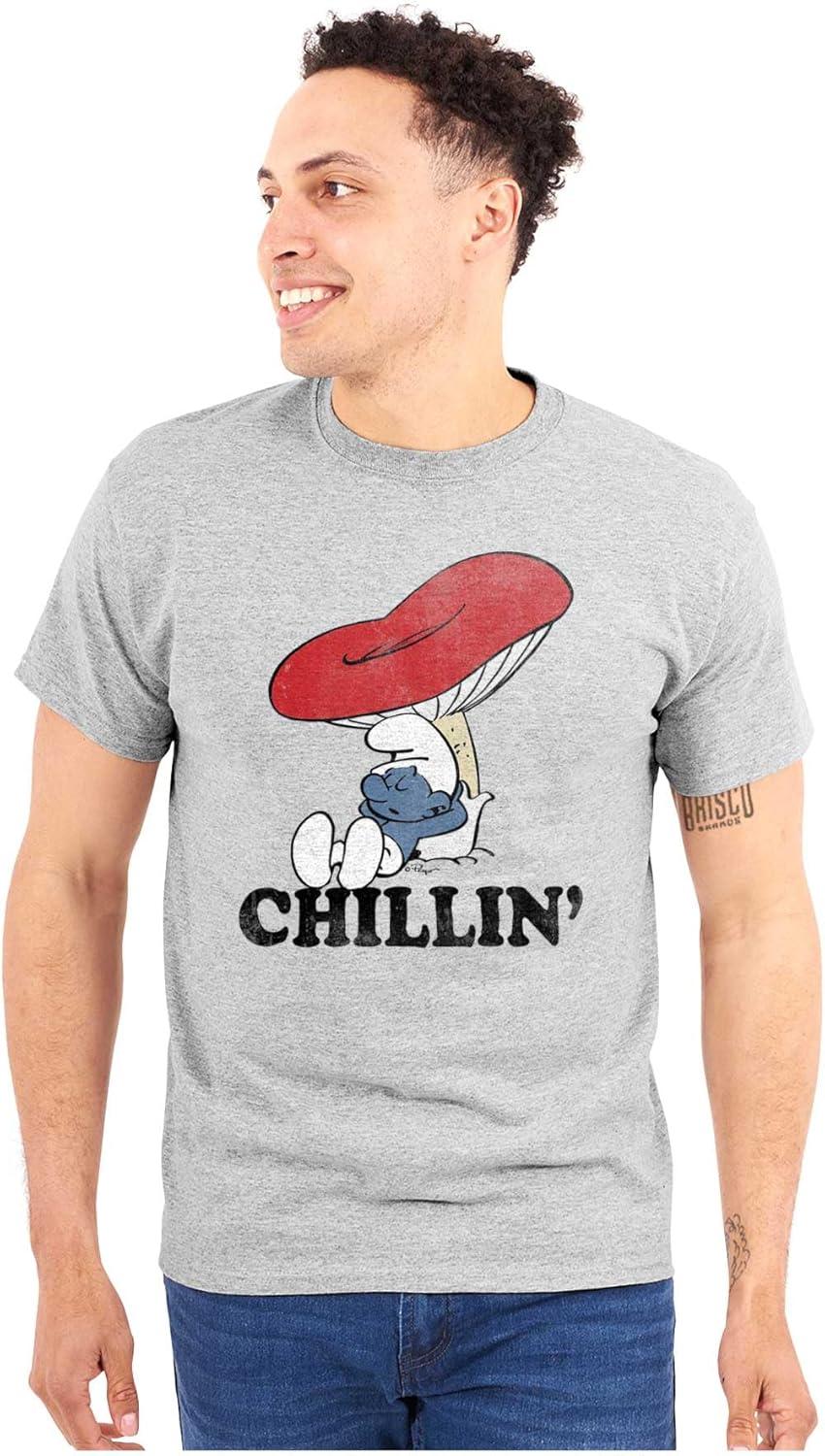 imageBrisco Brands Smurf Mushroom Chillin Retro Cartoon Graphic T Shirt Men or WomenSport Grey