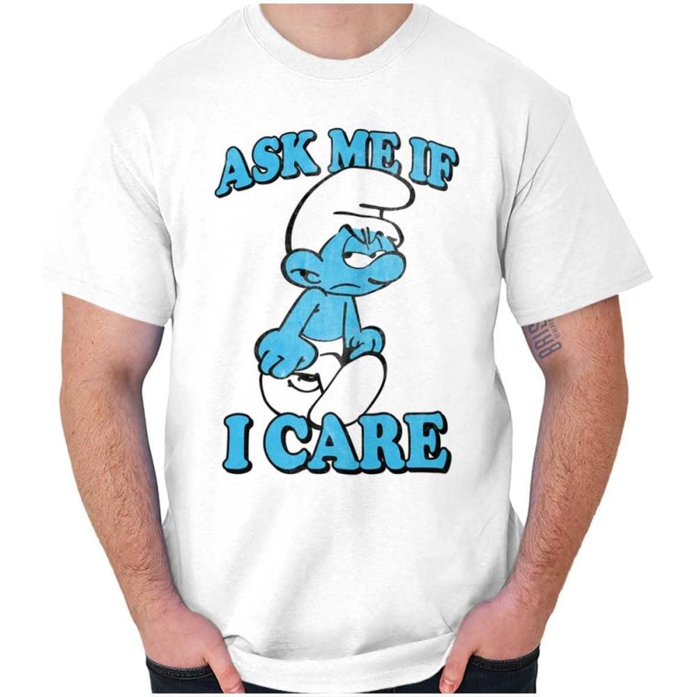 imageBrisco Brands Grouchy Smurf Ask Me If I Care Grump Graphic T Shirt Men or WomenWhite