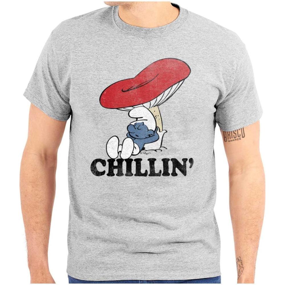 imageBrisco Brands Smurf Mushroom Chillin Retro Cartoon Graphic T Shirt Men or WomenSport Grey