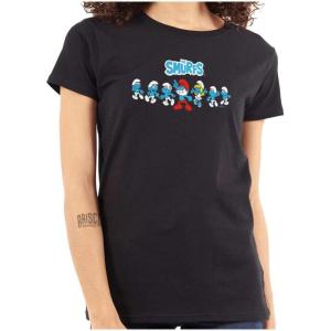 Brisco Brands Smurfs 80s Retro Cartoon Characters Womens Slim Fit Graphic Tee(Black)