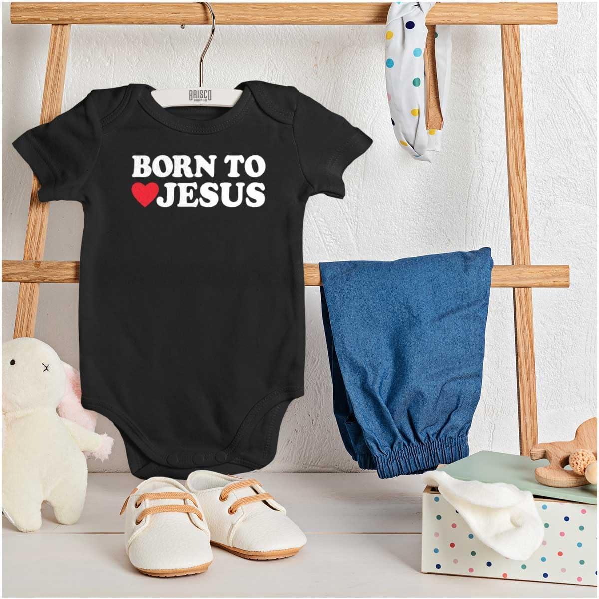 imageBrisco Brands Born to Love Jesus Christ Religious Baby Romper Boys or GirlsBlack