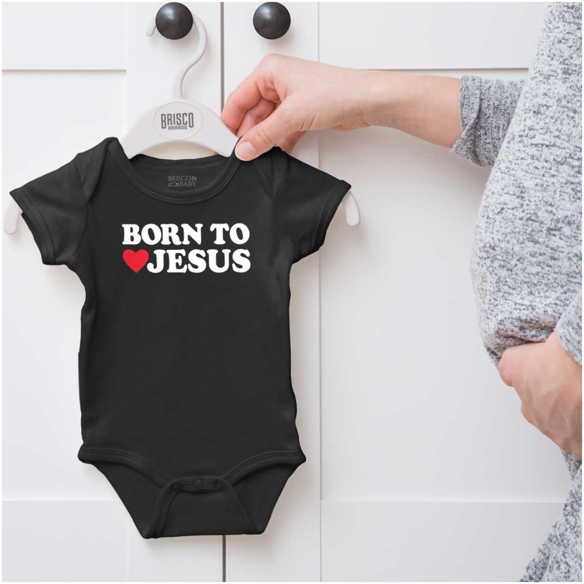 imageBrisco Brands Born to Love Jesus Christ Religious Baby Romper Boys or GirlsBlack