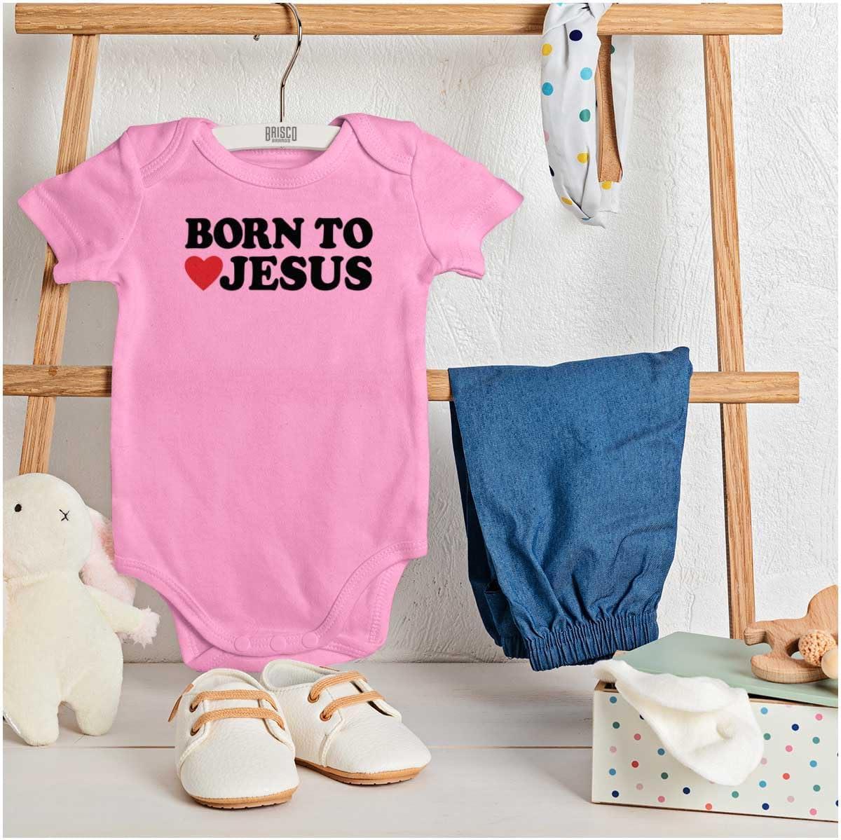 imageBrisco Brands Born to Love Jesus Christ Religious Baby Romper Boys or GirlsPink