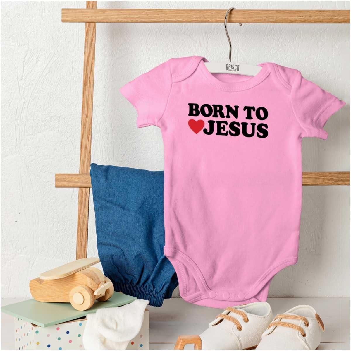 imageBrisco Brands Born to Love Jesus Christ Religious Baby Romper Boys or GirlsPink