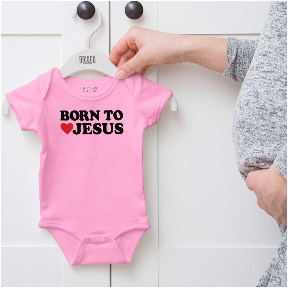 imageBrisco Brands Born to Love Jesus Christ Religious Baby Romper Boys or GirlsPink