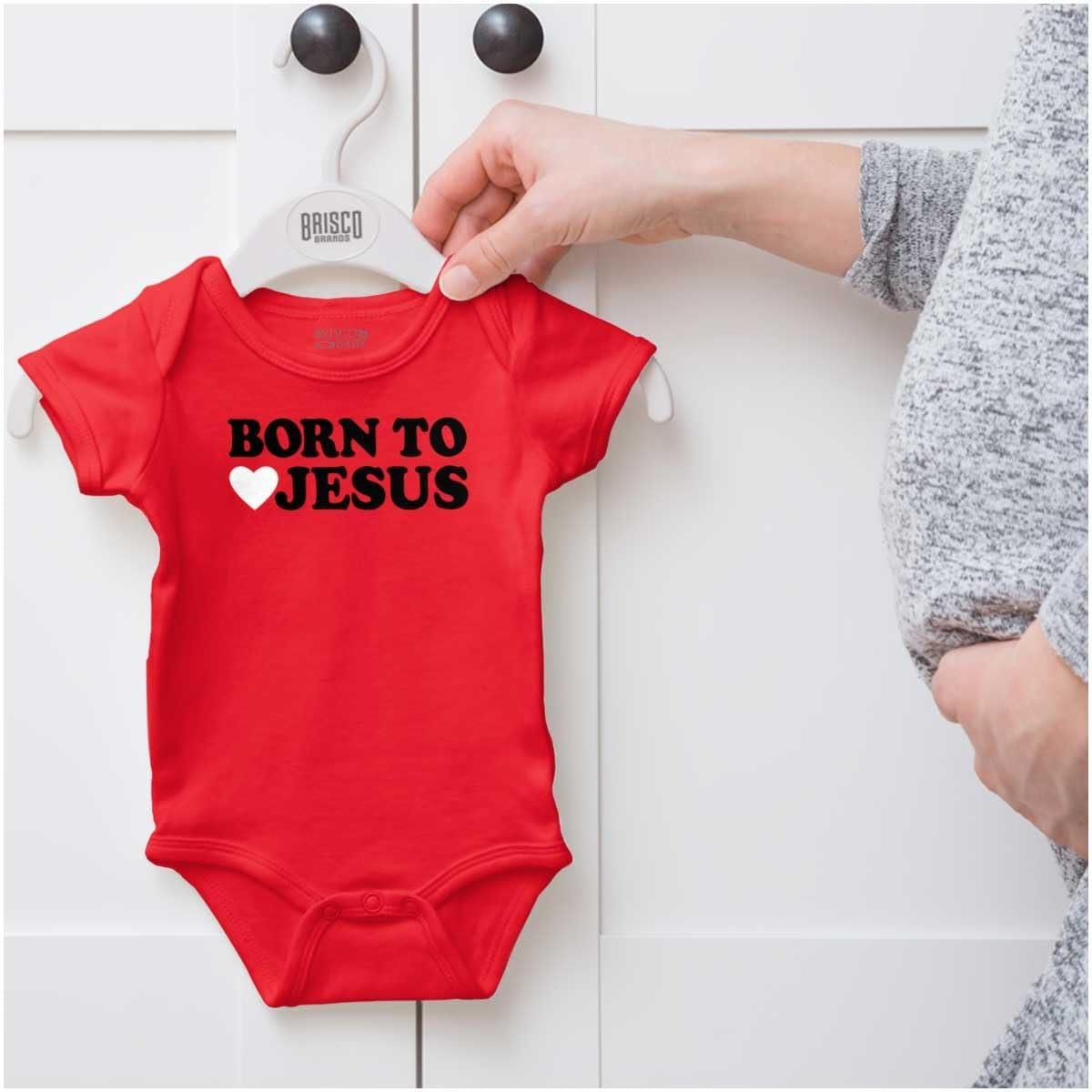 imageBrisco Brands Born to Love Jesus Christ Religious Baby Romper Boys or GirlsRed