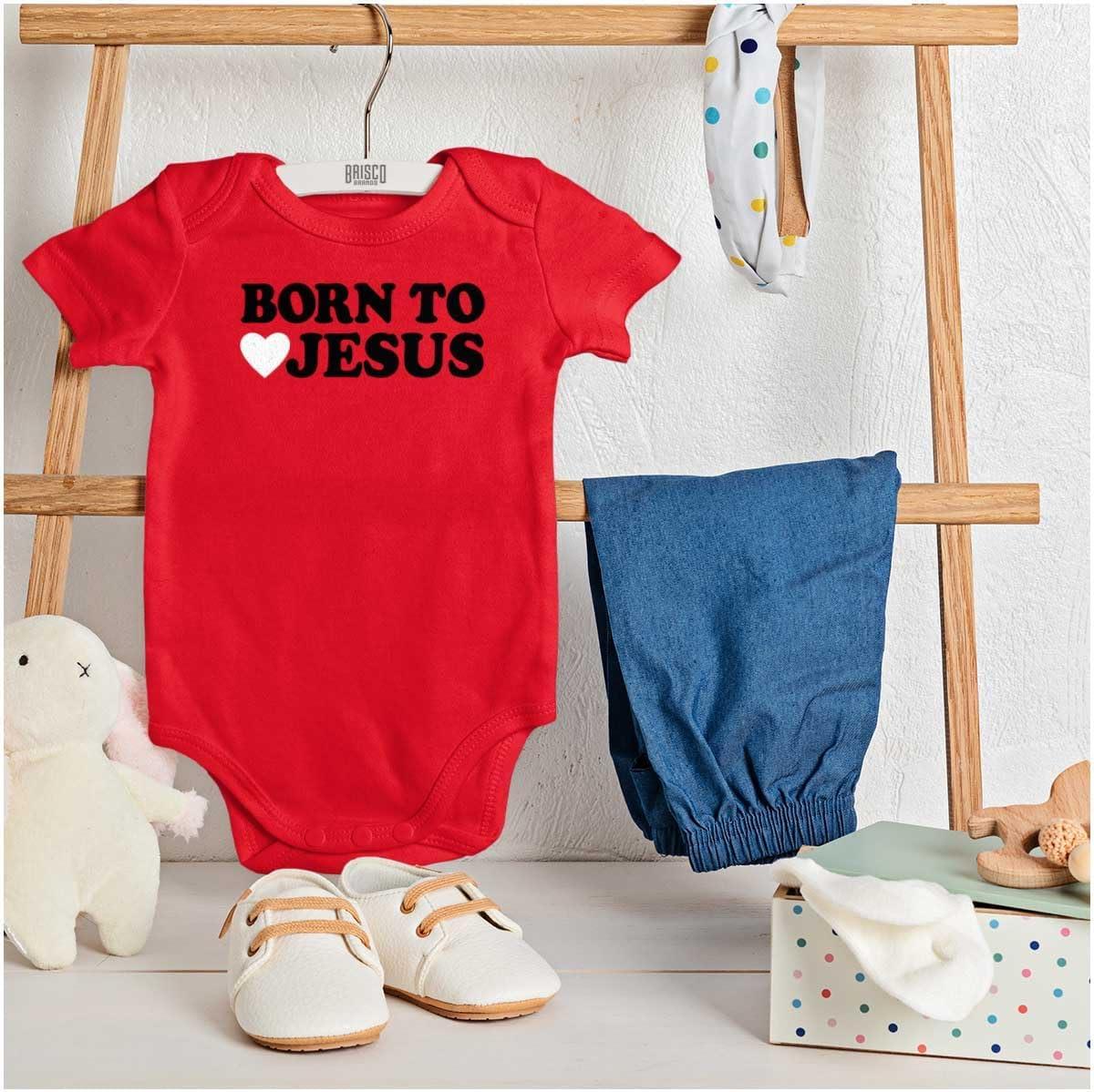 imageBrisco Brands Born to Love Jesus Christ Religious Baby Romper Boys or GirlsRed