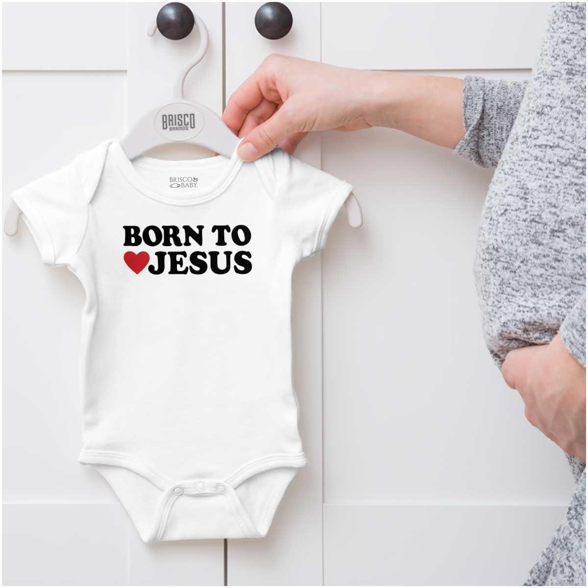 imageBrisco Brands Born to Love Jesus Christ Religious Baby Romper Boys or GirlsWhite