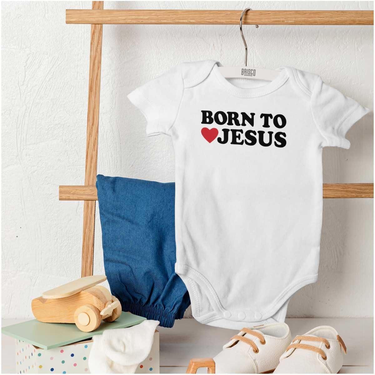 imageBrisco Brands Born to Love Jesus Christ Religious Baby Romper Boys or GirlsWhite