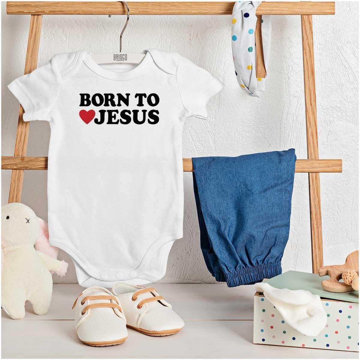 imageBrisco Brands Born to Love Jesus Christ Religious Baby Romper Boys or GirlsWhite
