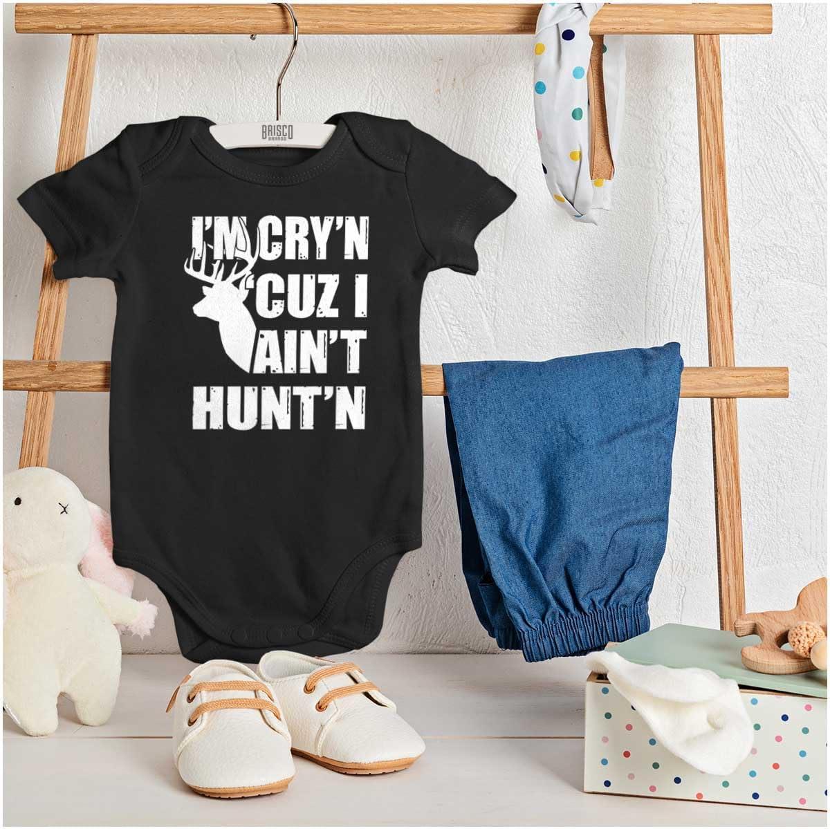 imageBrisco Brands Crying Because Not Hunting Hunter Baby Romper Boys or GirlsBlack