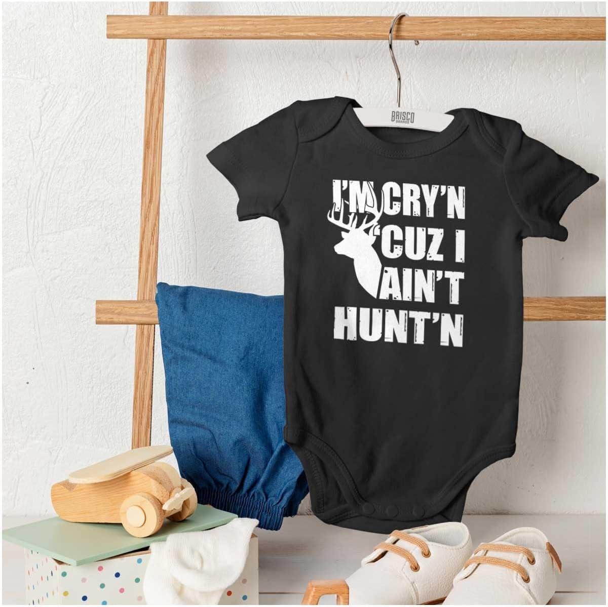 imageBrisco Brands Crying Because Not Hunting Hunter Baby Romper Boys or GirlsBlack