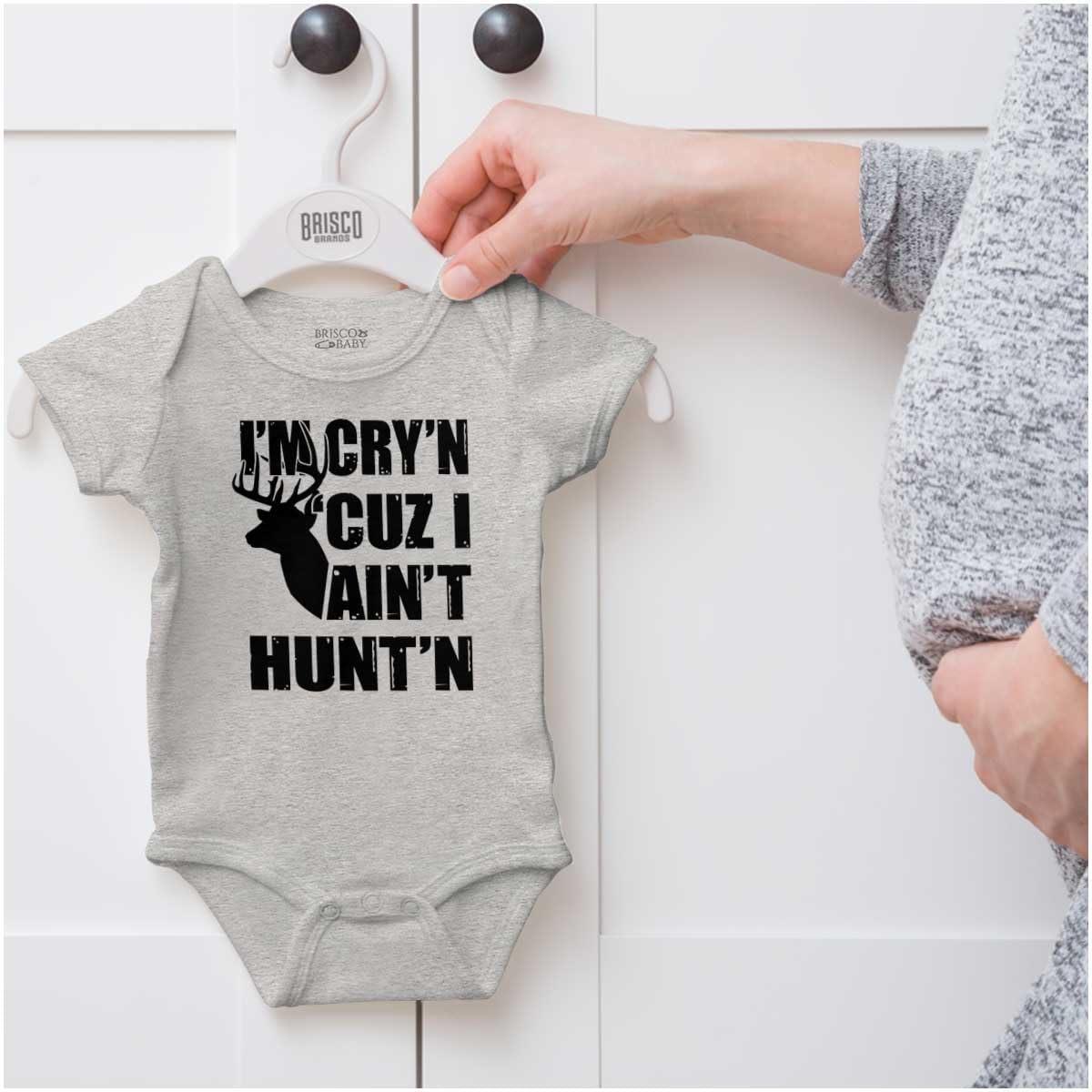 imageBrisco Brands Crying Because Not Hunting Hunter Baby Romper Boys or GirlsHeather