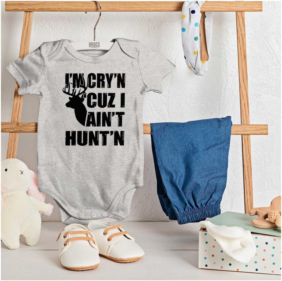 imageBrisco Brands Crying Because Not Hunting Hunter Baby Romper Boys or GirlsHeather