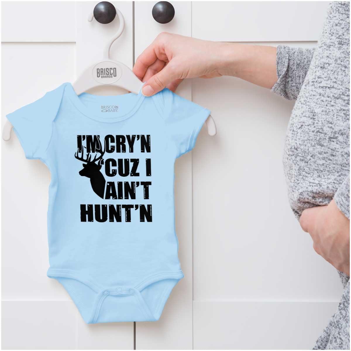 imageBrisco Brands Crying Because Not Hunting Hunter Baby Romper Boys or GirlsLight Blue