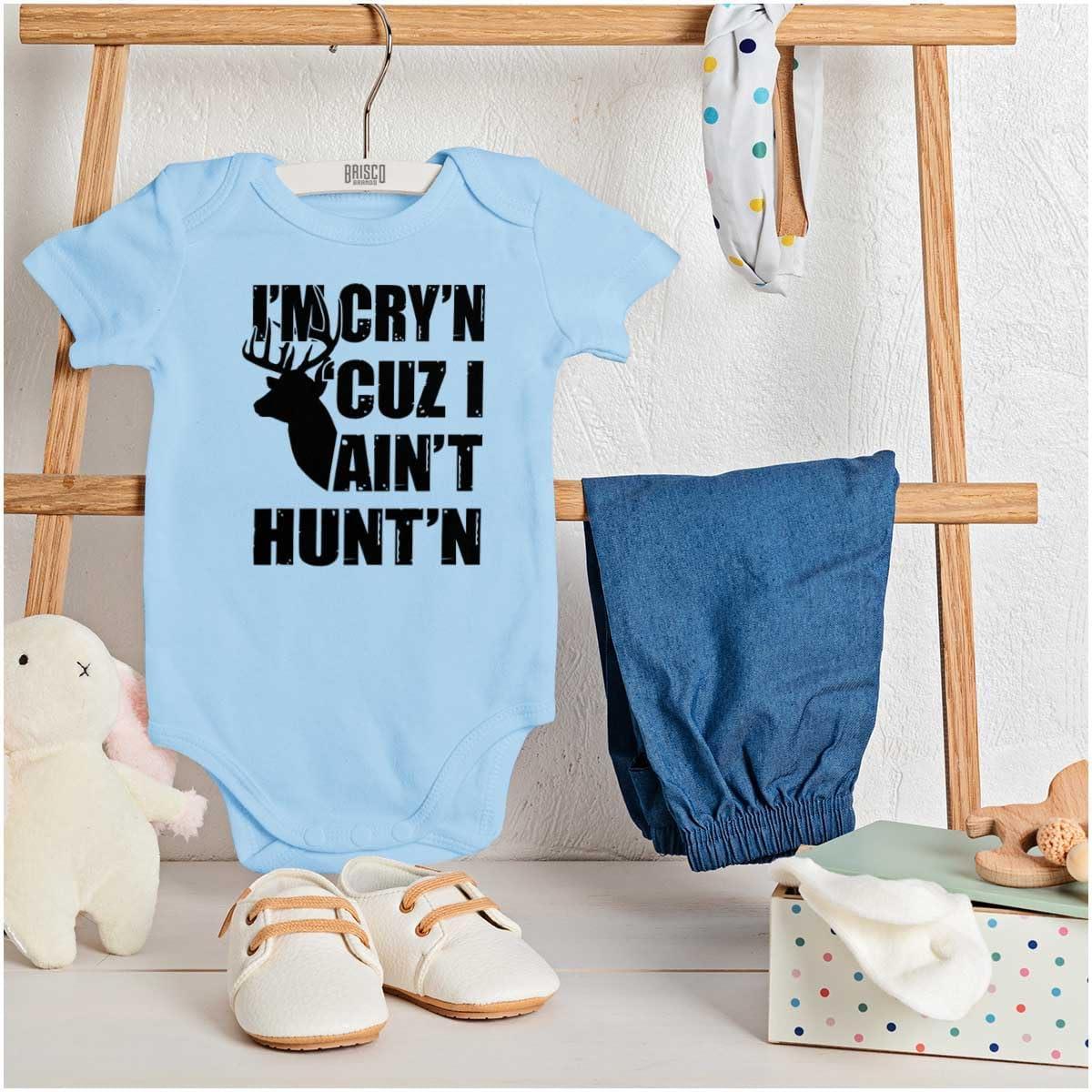 imageBrisco Brands Crying Because Not Hunting Hunter Baby Romper Boys or GirlsLight Blue