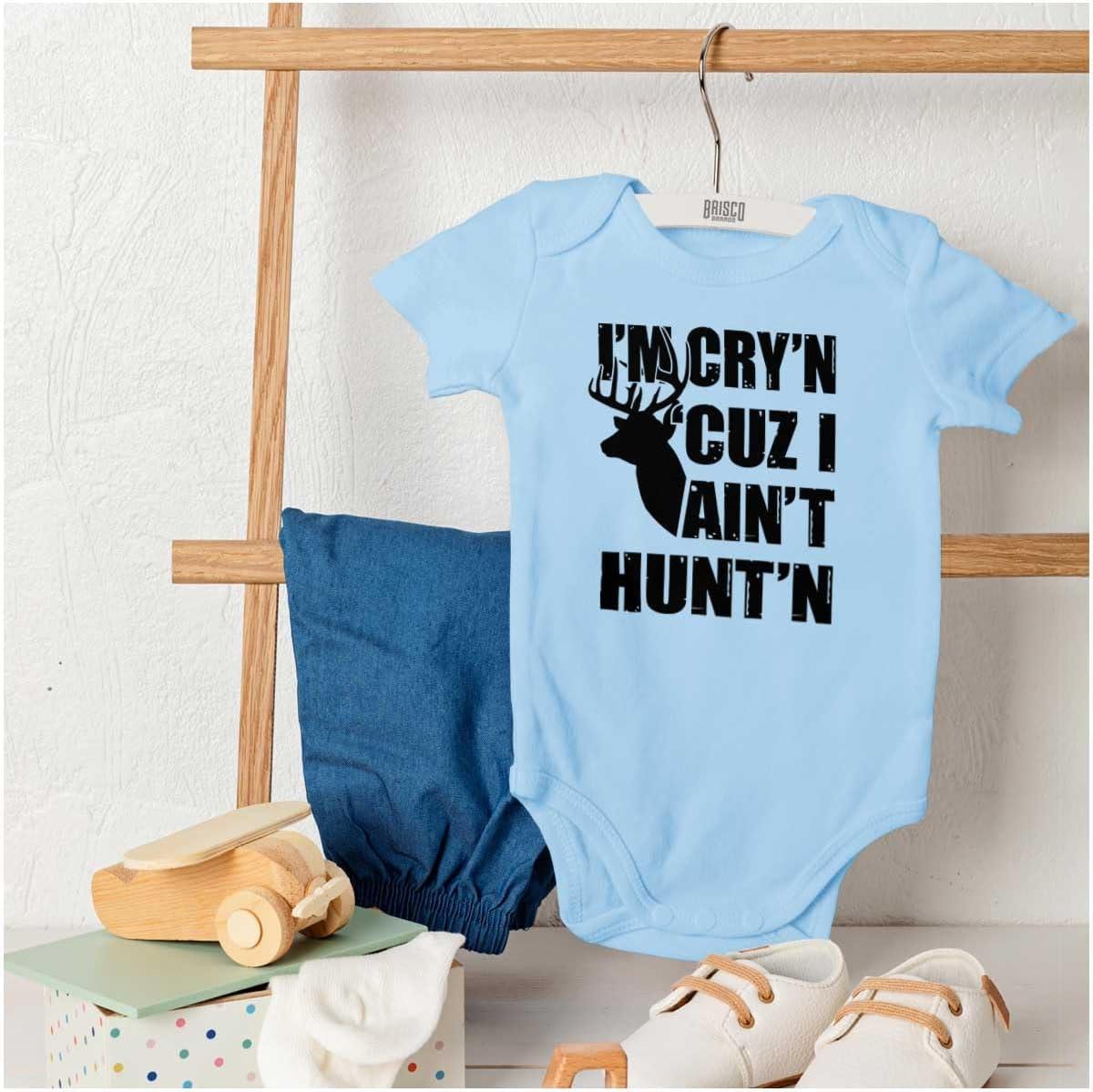 imageBrisco Brands Crying Because Not Hunting Hunter Baby Romper Boys or GirlsLight Blue