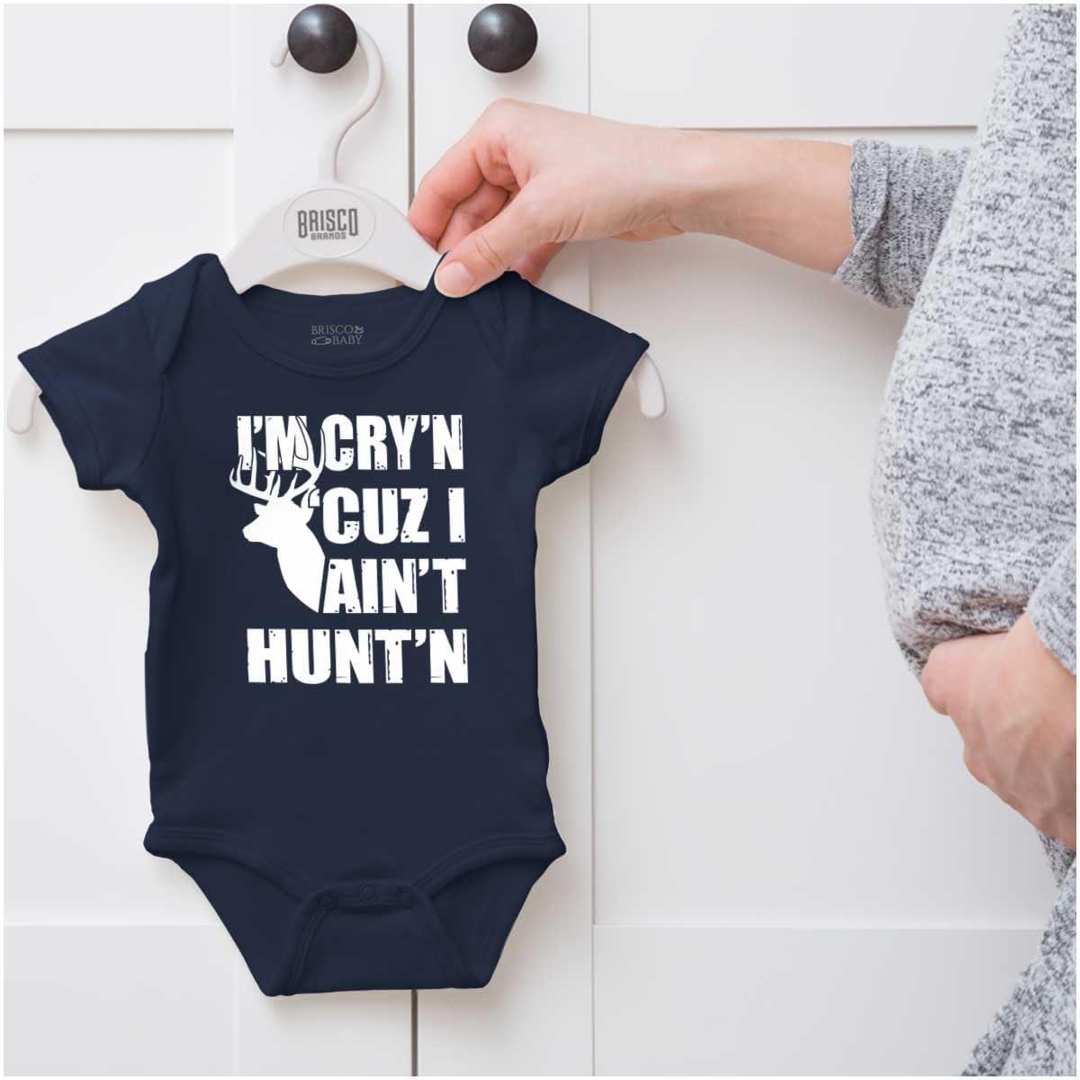 imageBrisco Brands Crying Because Not Hunting Hunter Baby Romper Boys or GirlsNavy