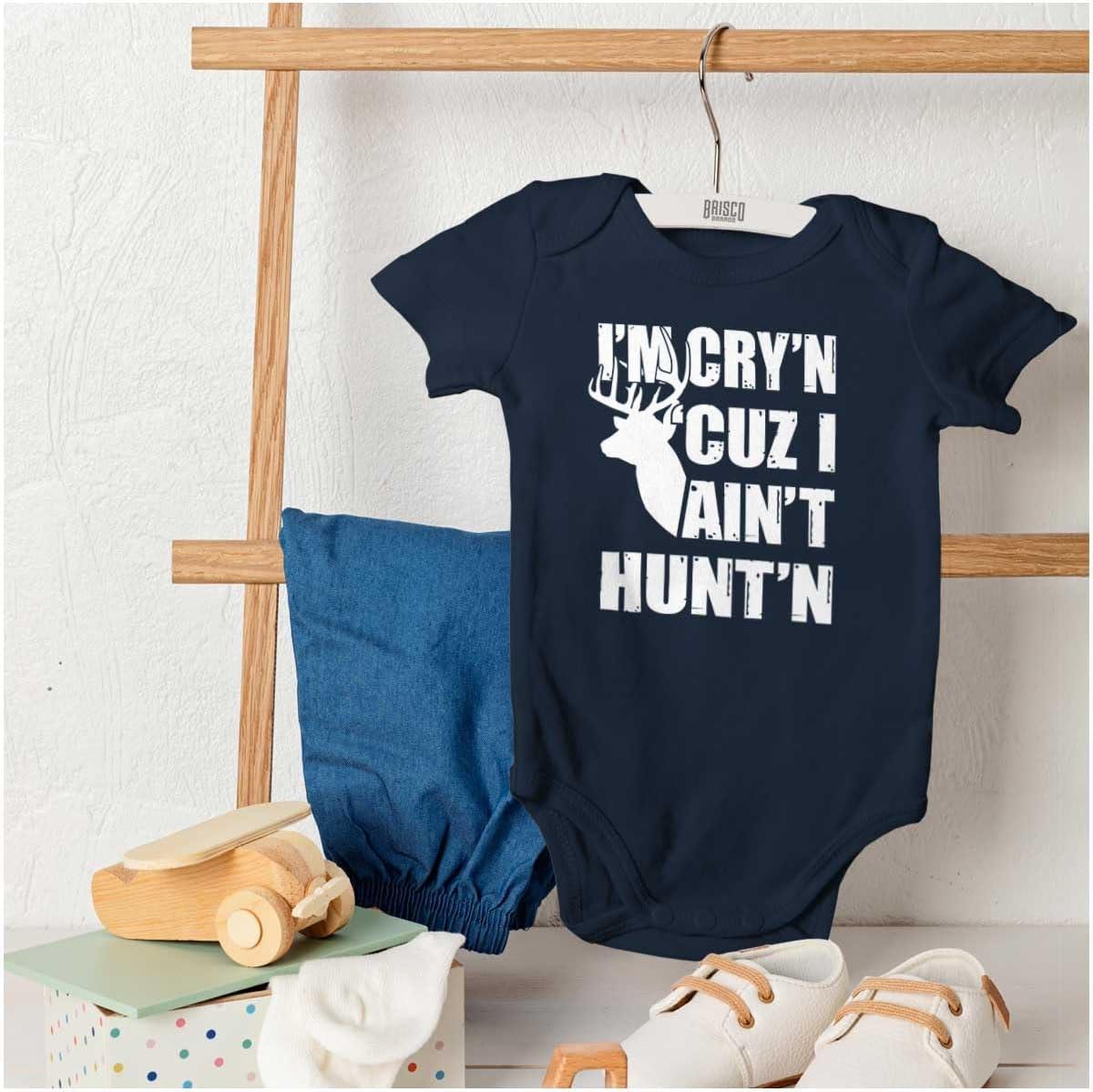 imageBrisco Brands Crying Because Not Hunting Hunter Baby Romper Boys or GirlsNavy