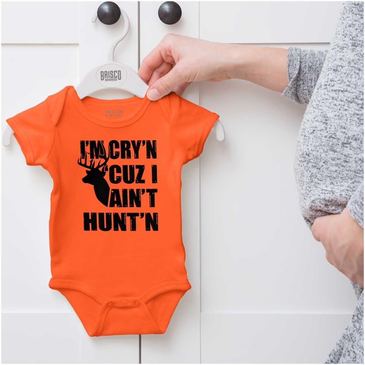 imageBrisco Brands Crying Because Not Hunting Hunter Baby Romper Boys or GirlsOrange