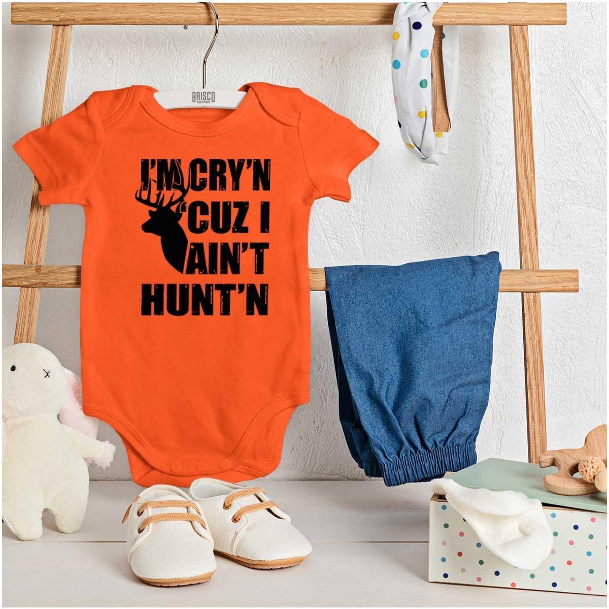 imageBrisco Brands Crying Because Not Hunting Hunter Baby Romper Boys or GirlsOrange