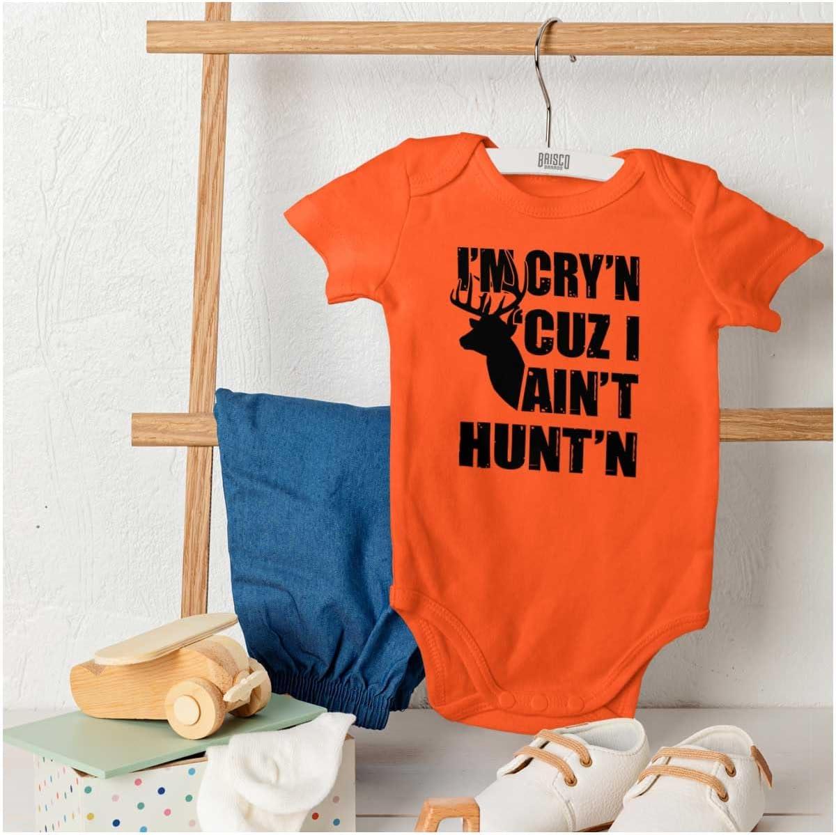 imageBrisco Brands Crying Because Not Hunting Hunter Baby Romper Boys or GirlsOrange
