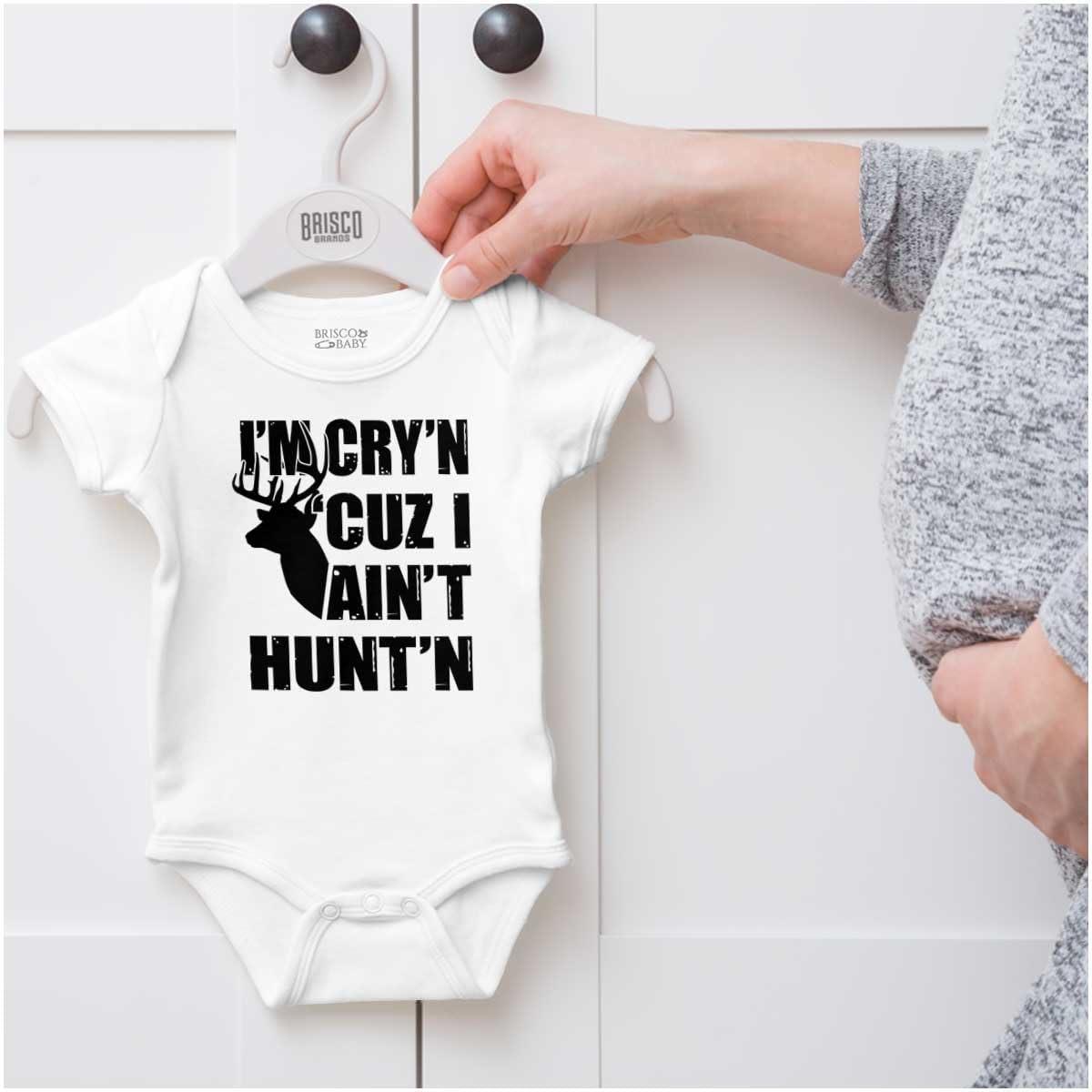 imageBrisco Brands Crying Because Not Hunting Hunter Baby Romper Boys or GirlsWhite