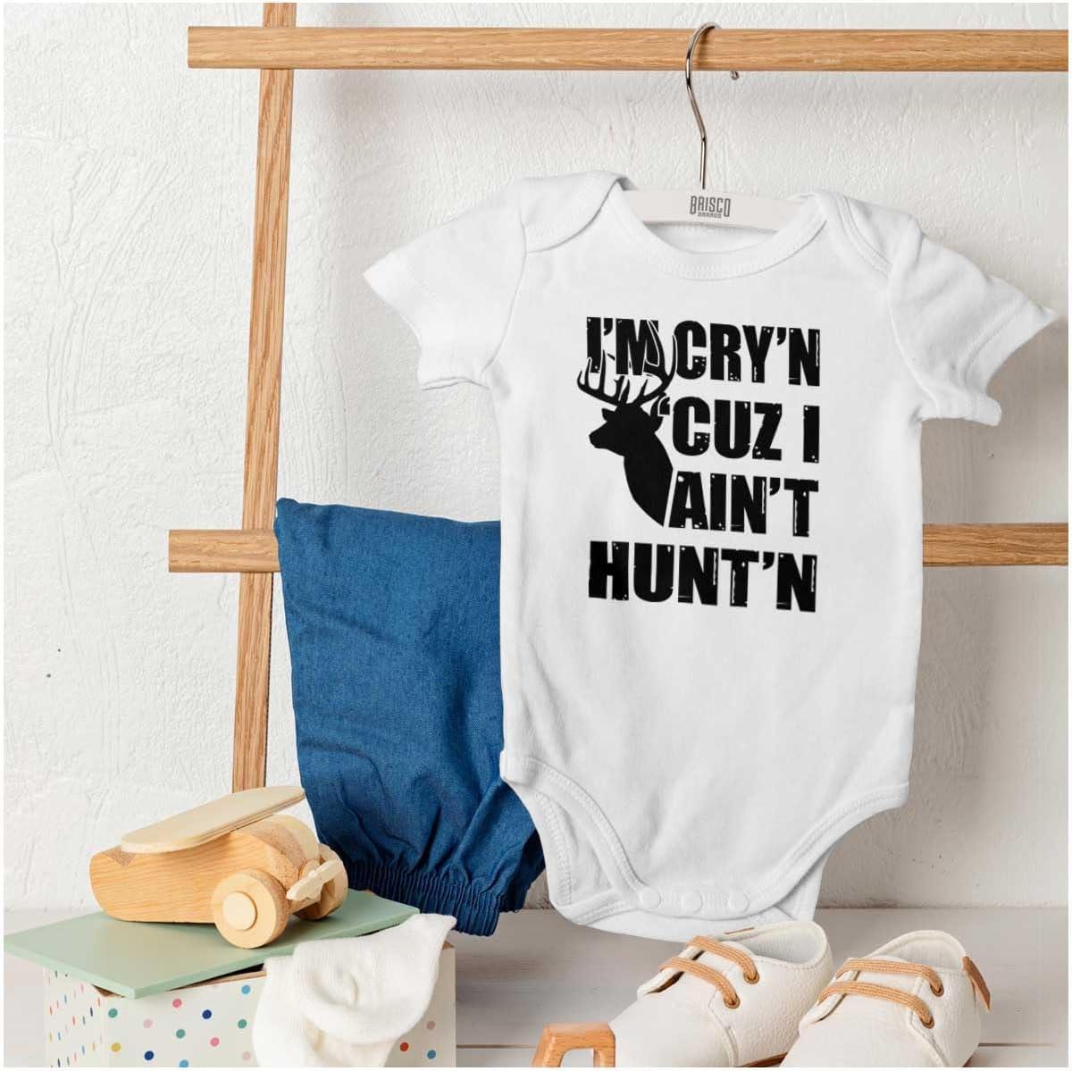 imageBrisco Brands Crying Because Not Hunting Hunter Baby Romper Boys or GirlsWhite