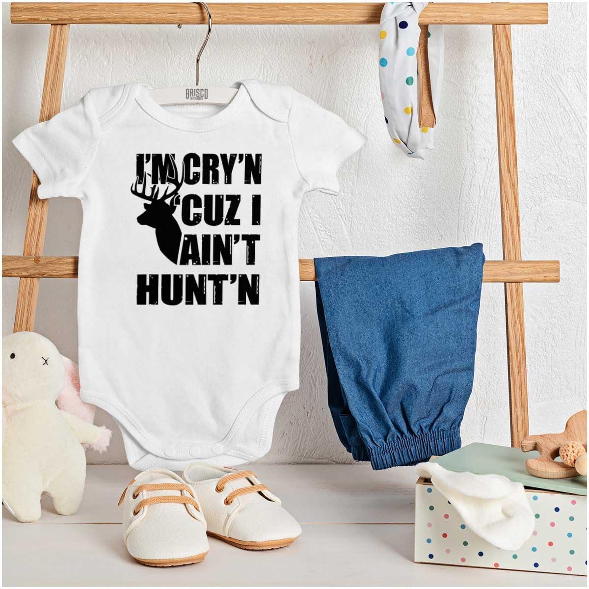 imageBrisco Brands Crying Because Not Hunting Hunter Baby Romper Boys or GirlsWhite