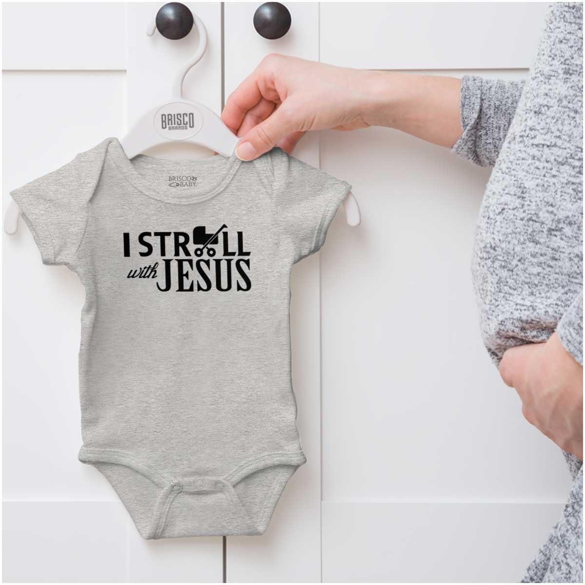 imageBrisco Brands I Stroll Jesus Christian Religious Baby Romper Boys or GirlsHeather